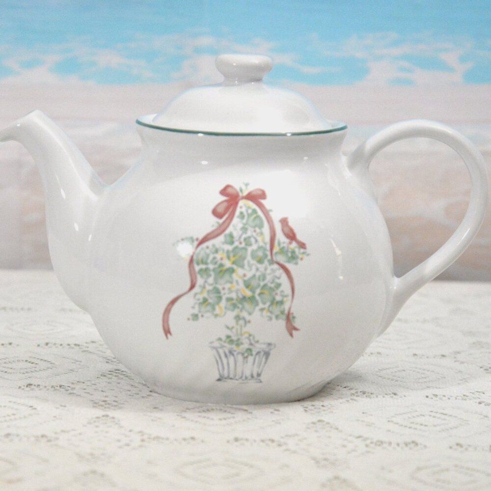 Corelle White Teapot with Pink Ribbon and Green Topiary Motif